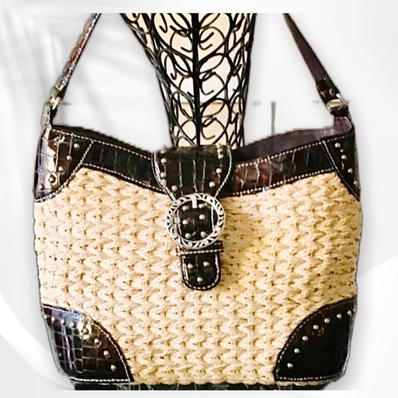 Brighton Straw & Croc Embossed Studded Bag - Picture 2 of 15